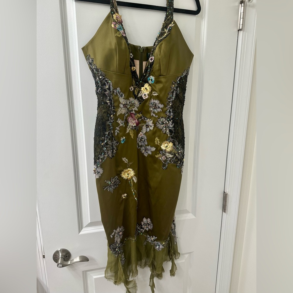 Julian Joyce MANDALAY Beaded Embroidered Cocktail Dress y2k olive green